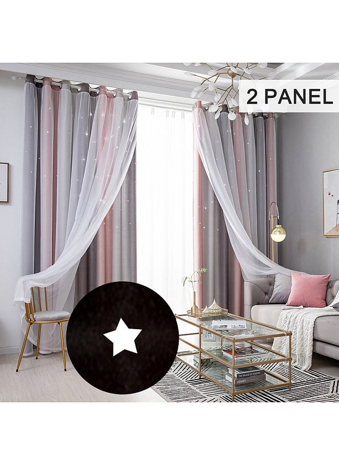 Aoresac - Star Curtains Stars Blackout Curtains for Kids Girls Bedroom Living Room Colorful Double Layer Star Window Curtains,2 Panels (40''W x 52''L，Grey) - Image 1