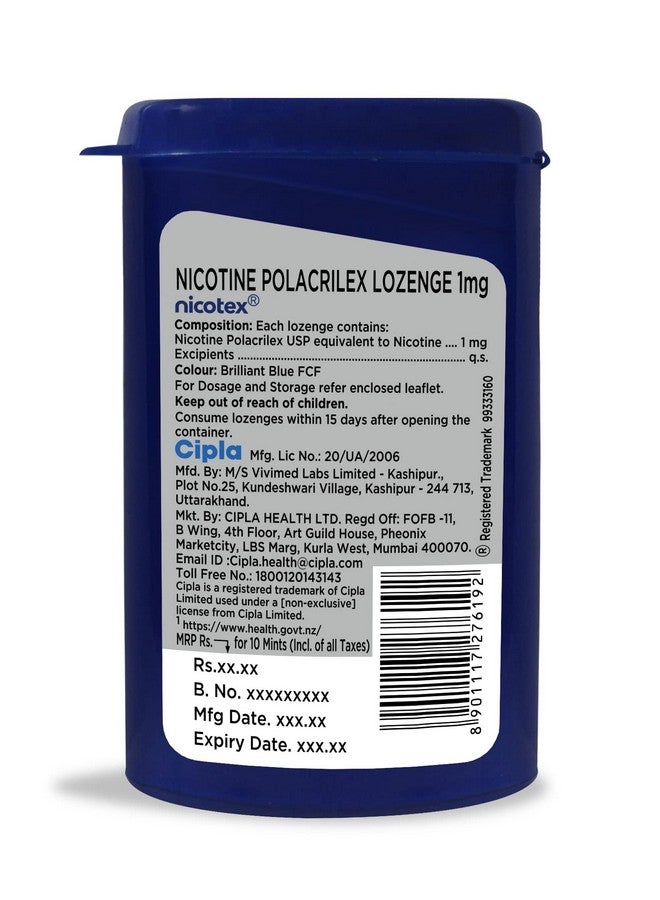 Cipla Cipla Nicotex Mints | Nicotine 1mg Lozenges (10 Pcs)| Helps Quit Smoking | Sugar Free | Cool Mint Plus Flavour  - Image 2