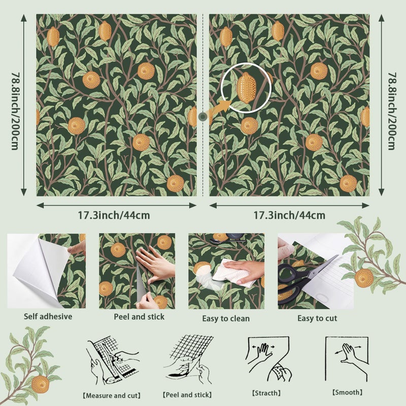 OSECAGE Lemon Wallpaper Leaf Peel and Stick Wallpaper Green and Dark 17.3"X78.8" Self Adhesive Wall Paper Removable Decorative Wallpapers Boho Contact Paper for Bedroom Bathroom Cabinets Decor Vinyl Roll - Image 3