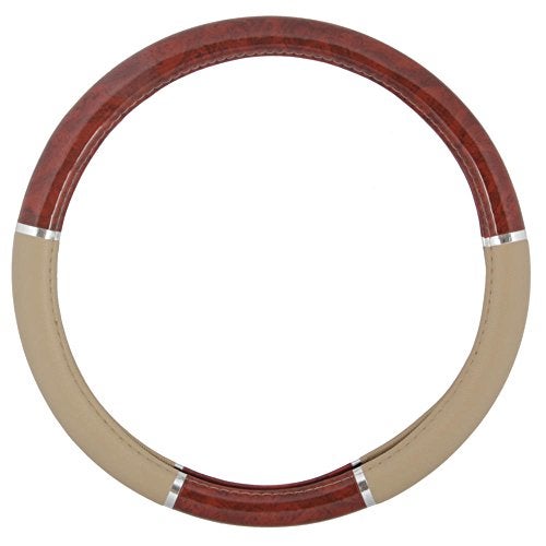 BDK Dark Wood Grain Car Steering Wheel Cover, Standard 15 inch with Beige Faux Leather Grip, Made to Fit Most Auto Truck Van SUV - Image 4