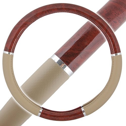 BDK Dark Wood Grain Car Steering Wheel Cover, Standard 15 inch with Beige Faux Leather Grip, Made to Fit Most Auto Truck Van SUV - Image 3