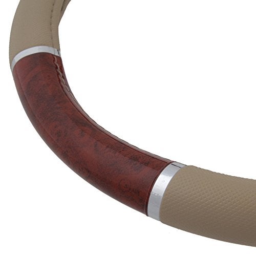 BDK Dark Wood Grain Car Steering Wheel Cover, Standard 15 inch with Beige Faux Leather Grip, Made to Fit Most Auto Truck Van SUV - Image 5