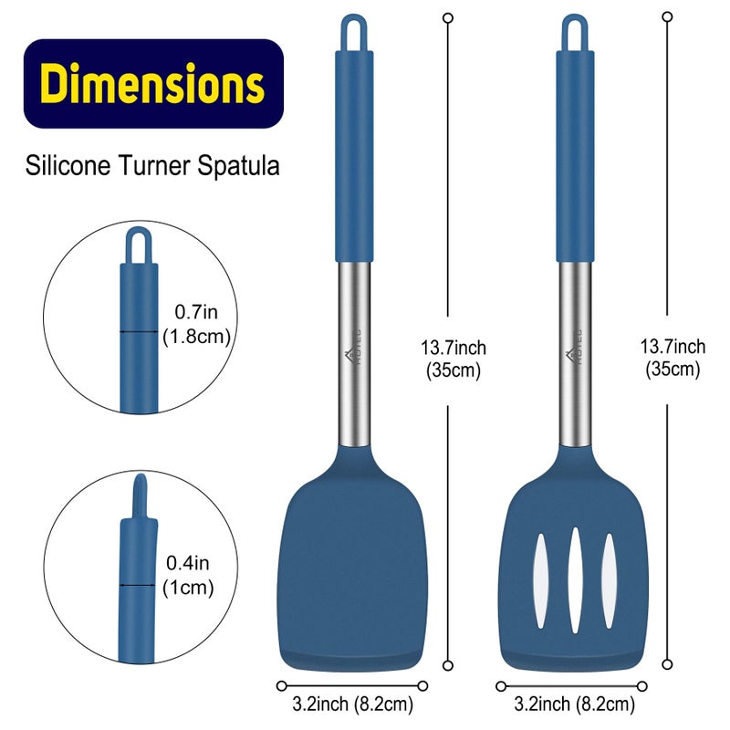 HOTEC Silicone Spatula Set of 2 Heat-Resistant 600Â°F & BPA-Free Kitchen SaptulaTurner with Stainless Steel Handles, Slotted & Solid Spatulas for Nonstick Cookware, 13.7 Inch, Classic Blue - Image 2