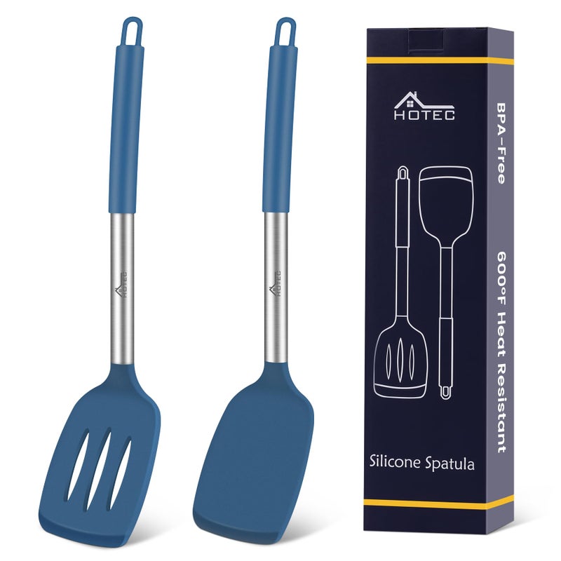 HOTEC Silicone Spatula Set of 2 Heat-Resistant 600Â°F & BPA-Free Kitchen SaptulaTurner with Stainless Steel Handles, Slotted & Solid Spatulas for Nonstick Cookware, 13.7 Inch, Classic Blue - Image 1