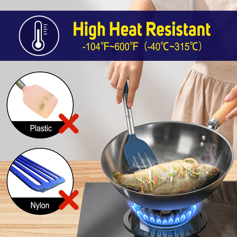 HOTEC Silicone Spatula Set of 2 Heat-Resistant 600Â°F & BPA-Free Kitchen SaptulaTurner with Stainless Steel Handles, Slotted & Solid Spatulas for Nonstick Cookware, 13.7 Inch, Classic Blue - Image 5