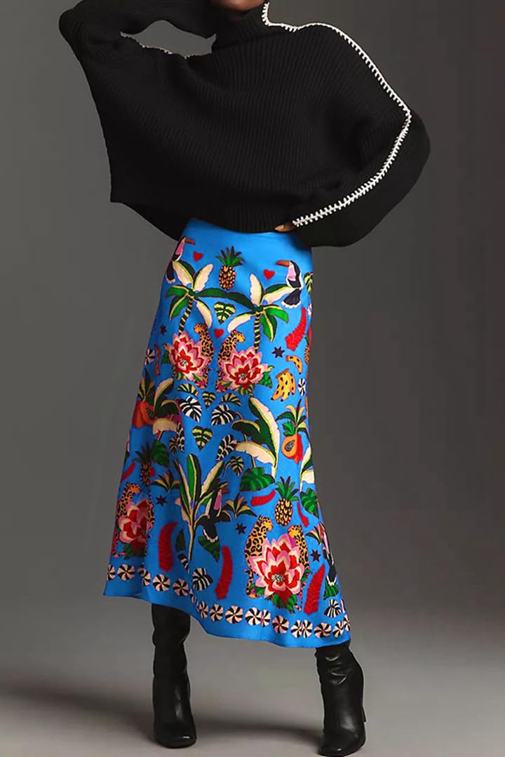 THLAI Womens Skirt Midi Skirt Tropical Plant Print Pink Zipper A-Line Long Skirts Spring Summer Skirt Floral - Image 2