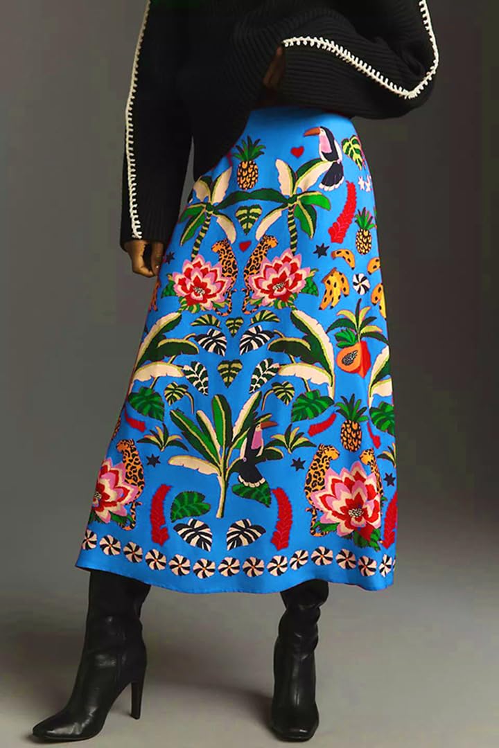 THLAI Womens Skirt Midi Skirt Tropical Plant Print Pink Zipper A-Line Long Skirts Spring Summer Skirt Floral - Image 3
