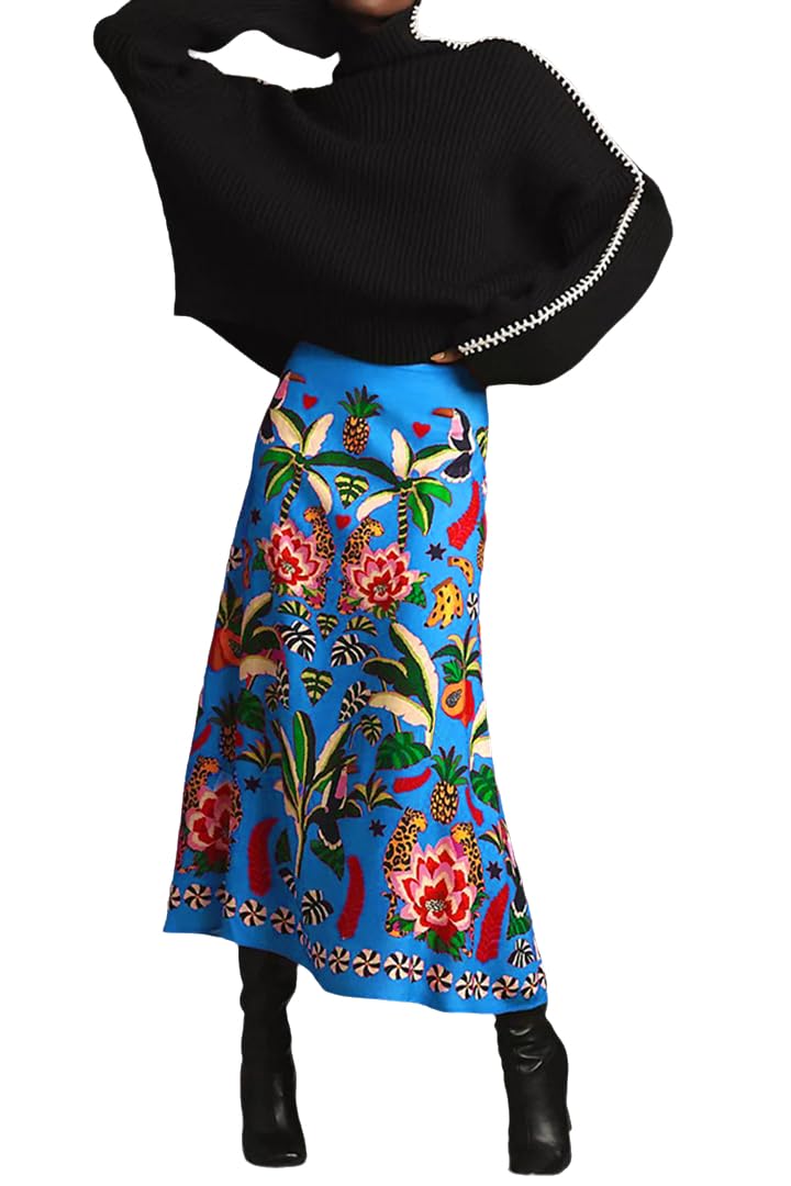 THLAI Womens Skirt Midi Skirt Tropical Plant Print Pink Zipper A-Line Long Skirts Spring Summer Skirt Floral - Image 1