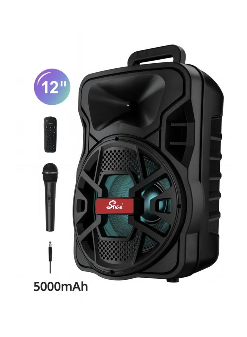 12" Portable Bluetooth Speaker with Super Bass | 5000mAh High-Power Sound System with RGB Party Lights, Carry Handle, Wireless Mic, Wired Mic & Remote | Perfect for Outdoor Parties, Karaoke & Istaraha Gatherings