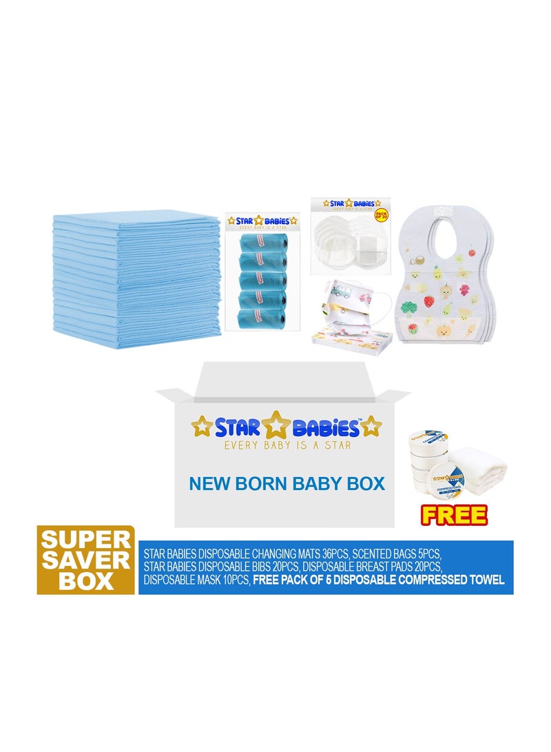 Star Babies Newborn Baby Box (Star Babies Disposable Changing Mats Blue 36pcs, Scented Bags 5pcs, Star Babies Disposable Bibs 20pcs, Disposable Breast Pads 20pcs, Disposable Mask 10pcs, Free Pack Of 5 Disposable Compressed Towel) - Image 2