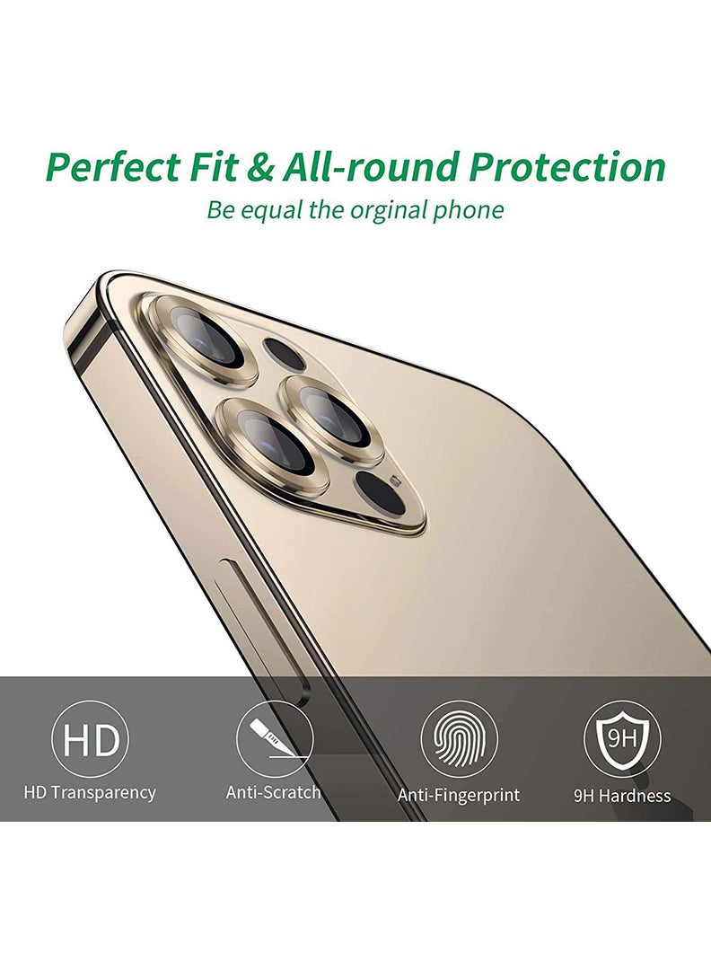 Theodor iPhone 12 Pro Max 3 Pcs Camera Lens Protector With 9H Tempered HD Glass Camera Cover Anti Scratch Aluminum Alloy Camera Ring, Gold - Image 2