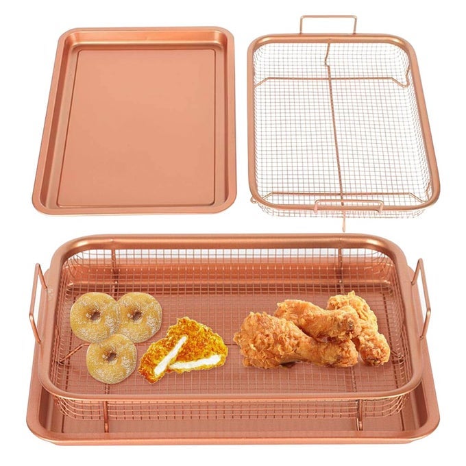 DEEP-FRIED FOOD DRAIN BASIN NON-STICK OIL PAN CRISPING OVEN BAKING TRAY FOR, ROASTING, AIR FRYER, FRIES, VEGETABLES, MEATS AND HEALTHY COOKING EASY TO CLEANING (GOLDEN)