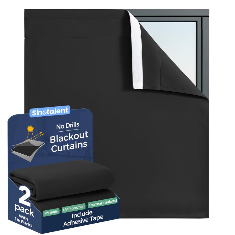 Sinotalent Adhesive Blackout Curtains for Bedroom Living Room 30 Inches Long 2 Panels, No Drill Window Blinds, Thermal Insulated & UV Protection, Light Blocking Drapes. (Black, 29" W x 30" L) - Image 1