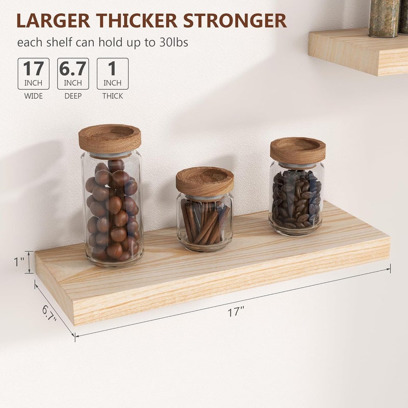 fuqing Natural Wood Floating Shelves - Wood Floating Shelves for Wall Set of 3-17 Inch Wide x 6.7 Inch Deep Natural Wooden Shelves for Living Room Bedroom Home Office - Image 3