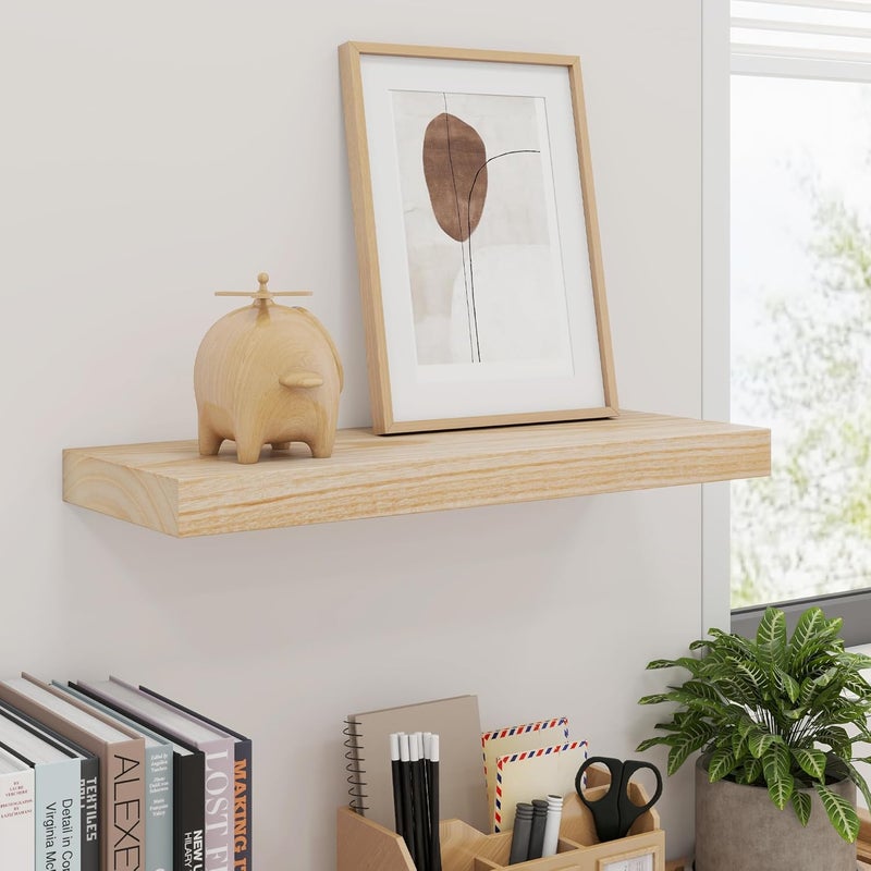 fuqing Natural Wood Floating Shelves - Wood Floating Shelves for Wall Set of 3-17 Inch Wide x 6.7 Inch Deep Natural Wooden Shelves for Living Room Bedroom Home Office - Image 2