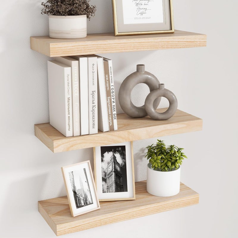 fuqing Natural Wood Floating Shelves - Wood Floating Shelves for Wall Set of 3-17 Inch Wide x 6.7 Inch Deep Natural Wooden Shelves for Living Room Bedroom Home Office - Image 1