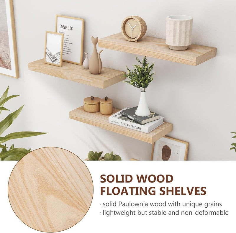 fuqing Natural Wood Floating Shelves - Wood Floating Shelves for Wall Set of 3-17 Inch Wide x 6.7 Inch Deep Natural Wooden Shelves for Living Room Bedroom Home Office - Image 4