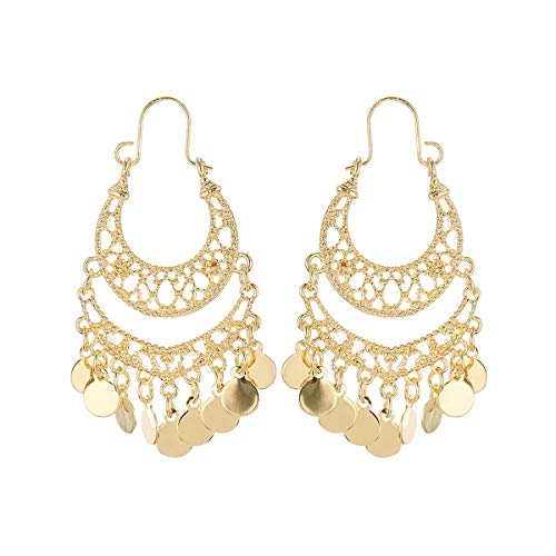 NTLX Bohemian Boho Chandelier Dangle Drop Earrings for Women – Lightweight Filigree Gypsy Coin Disc Tassel Charm Hoops – included Gift Box (Gold) - Image 1