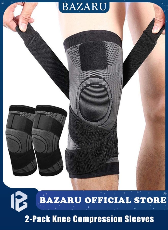 BAZARU 2-Pack Knee Compression Sleeves for Pain Relief & Sports Support – Adjustable Knee Brace for Arthritis, Joint Pain, Workout, Basketball, Running & Joint Recovery, Unisex Design - Image 1
