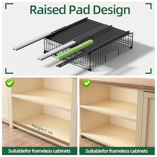 NETEL 2 Pack Expandable Pull Out Cabinet Organizer, Raised 6.69" guardrail, Adjustable Width 13"-20.07", 3 Rails No Drill Adhesive Peel And Stick, Adhesive Pull Out Drawers for Cabinets, Black - Image 4