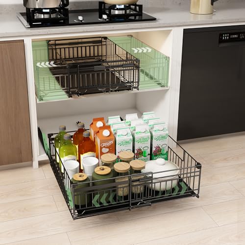 NETEL 2 Pack Expandable Pull Out Cabinet Organizer, Raised 6.69" guardrail, Adjustable Width 13"-20.07", 3 Rails No Drill Adhesive Peel And Stick, Adhesive Pull Out Drawers for Cabinets, Black - Image 1