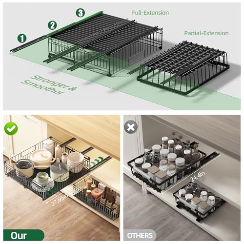 NETEL 2 Pack Expandable Pull Out Cabinet Organizer, Raised 6.69" guardrail, Adjustable Width 13"-20.07", 3 Rails No Drill Adhesive Peel And Stick, Adhesive Pull Out Drawers for Cabinets, Black - Image 5
