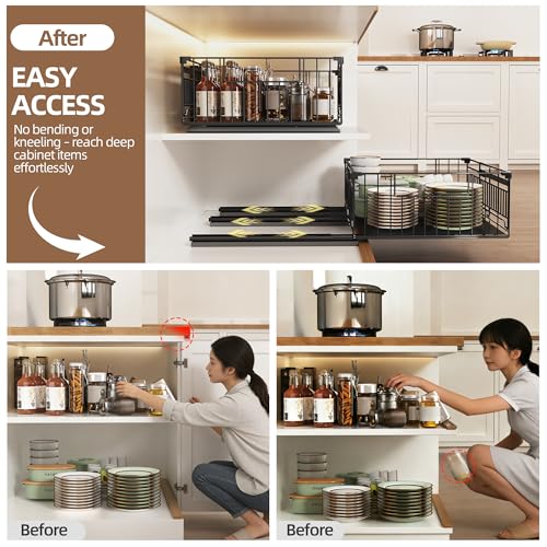 NETEL 2 Pack Expandable Pull Out Cabinet Organizer, Raised 6.69" guardrail, Adjustable Width 13"-20.07", 3 Rails No Drill Adhesive Peel And Stick, Adhesive Pull Out Drawers for Cabinets, Black - Image 3