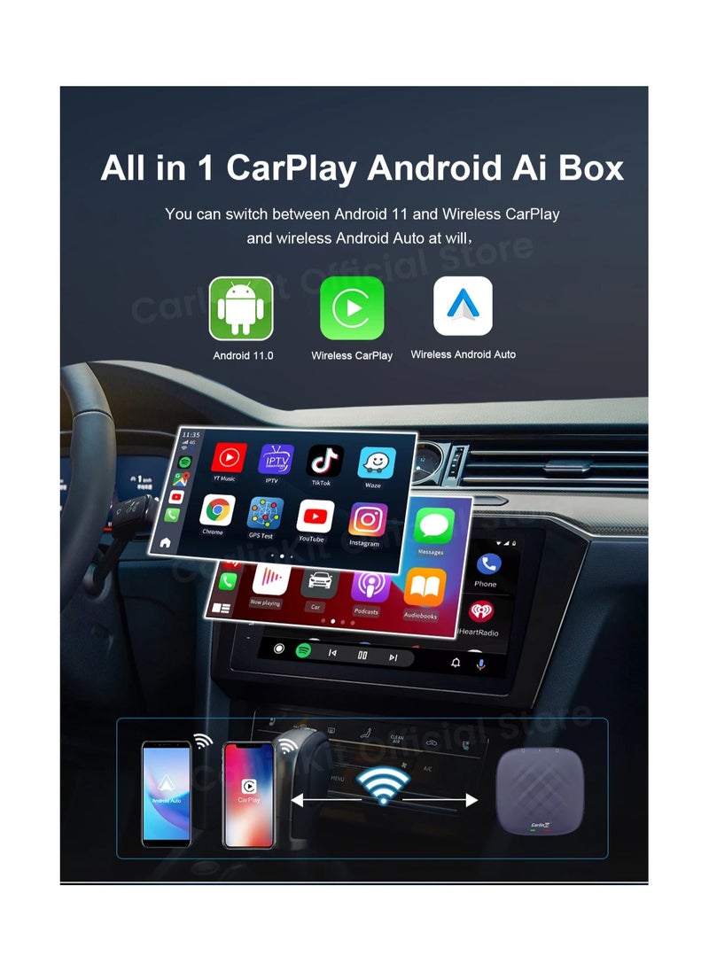 CarPlay AI Box Adapter  Android 11.0 Wireless CarPlay Android Auto Streaming Box  Cars Netflix, YouTube, Google Play, 4G Network |QCM2290 4-Core, 3GB RAM + 32GB Storage Compatible with 98% of Vehicles