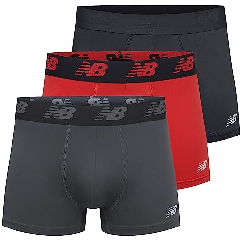 New Balance Men's No Fly Trunks Boxer Brief Underwear, Jacquard Waistband, Breathable Lightweight, Moisture Wicking (3 Pack), Black/Team Red/Thunder, Medium - Image 1