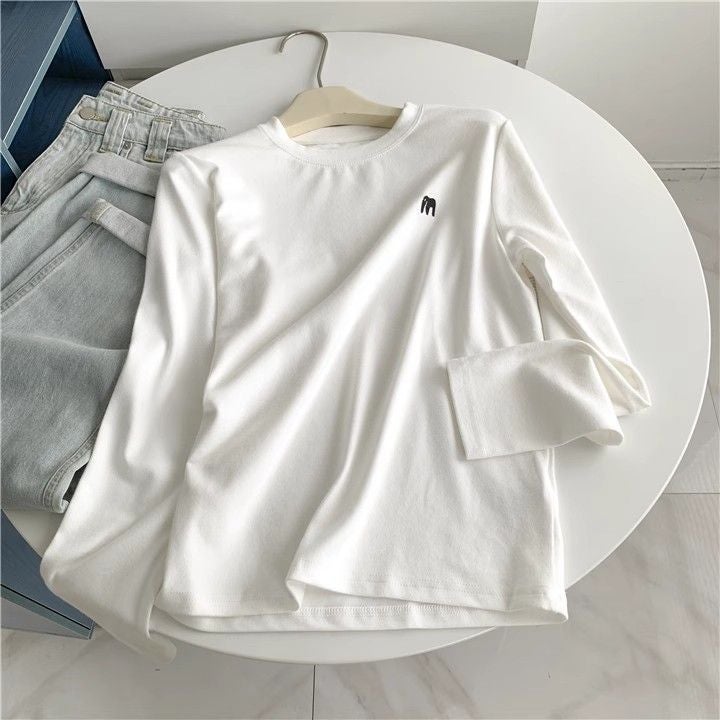 Double-Sided Velvet Sanding Elephant Embroidered Crewneck Long-Sleeved T-Shirt Women'S Loose White Thickened Base Shirt - Image 1