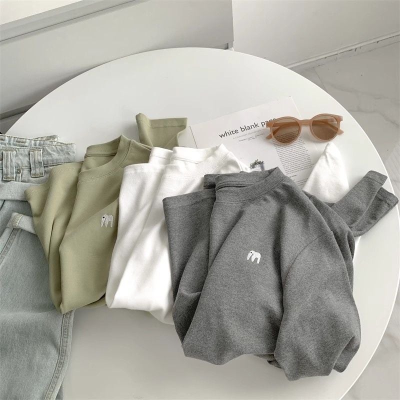 Double-Sided Velvet Sanding Elephant Embroidered Crewneck Long-Sleeved T-Shirt Women'S Loose White Thickened Base Shirt - Image 5
