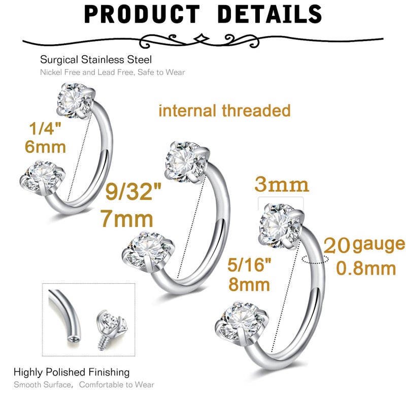MODRSA 6mm 7mm 8mm 20g Horseshoe Nose Ring Hoop 20 gauge Double Gem Horse Shoe Nose Rings for Women Surgical Steel Half Hoop C U Shape Small Thin Tragus Earring Helix Piercing Jewelry Septum Rings 20g - Image 2
