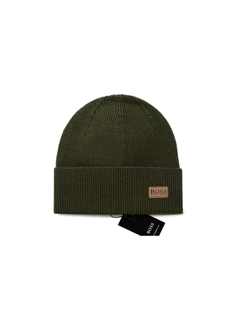 BOSS Dark Green Knit Beanie- Leather Logo Warm Cuff Beanie