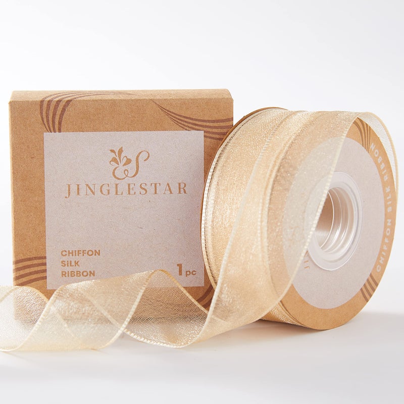 JINGLESTAR 1 Inch Wide Sheer Chiffon Ribbon  Pearl Silk Woven Ribbon Suitable for Gift Wrapping Wedding Decor Home Decor Girl Hair Accessories Handmade DIY 25 Yardsroll Champagne