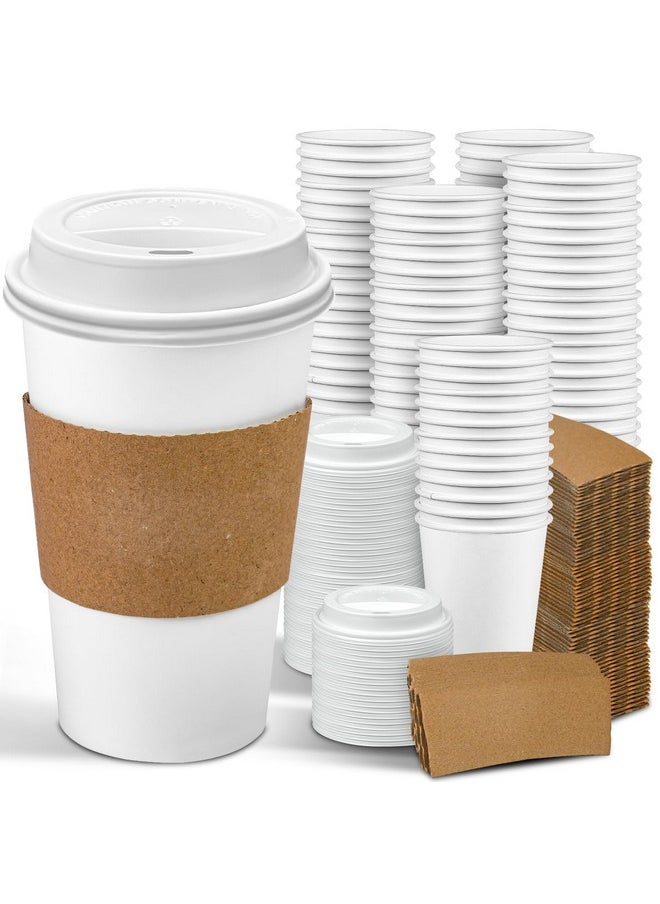 Ginkgo Ginkgo 100 Pack 16 oz Disposable Coffee Cups with Lids and Sleeves Leak-Proof White Paper Cups, Insulated To Go Hot Beverage Cups  - Image 1
