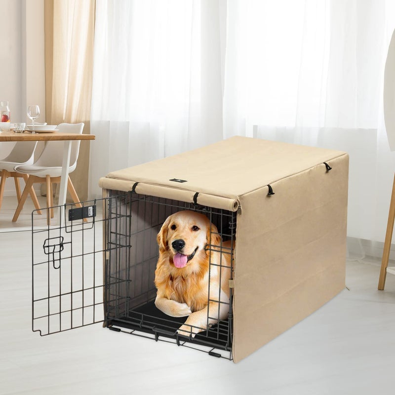 X-ZONE PET Double Door Dog Crate Cover - Polyester Pet Kennel Cover (Fits 24 30 36 42 48 inches Wire Crate) (48Inch, Tan) - Image 2