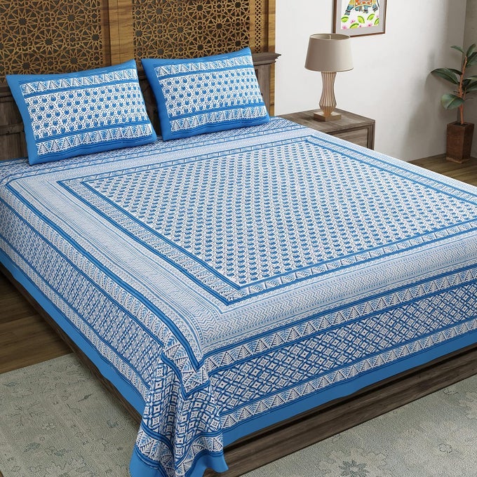 HAND BLOCK PRINTED 250 TC COTTON SUPER KING SIZE BEDSHEET 96 X 108 INCH COLOR 2BLUE