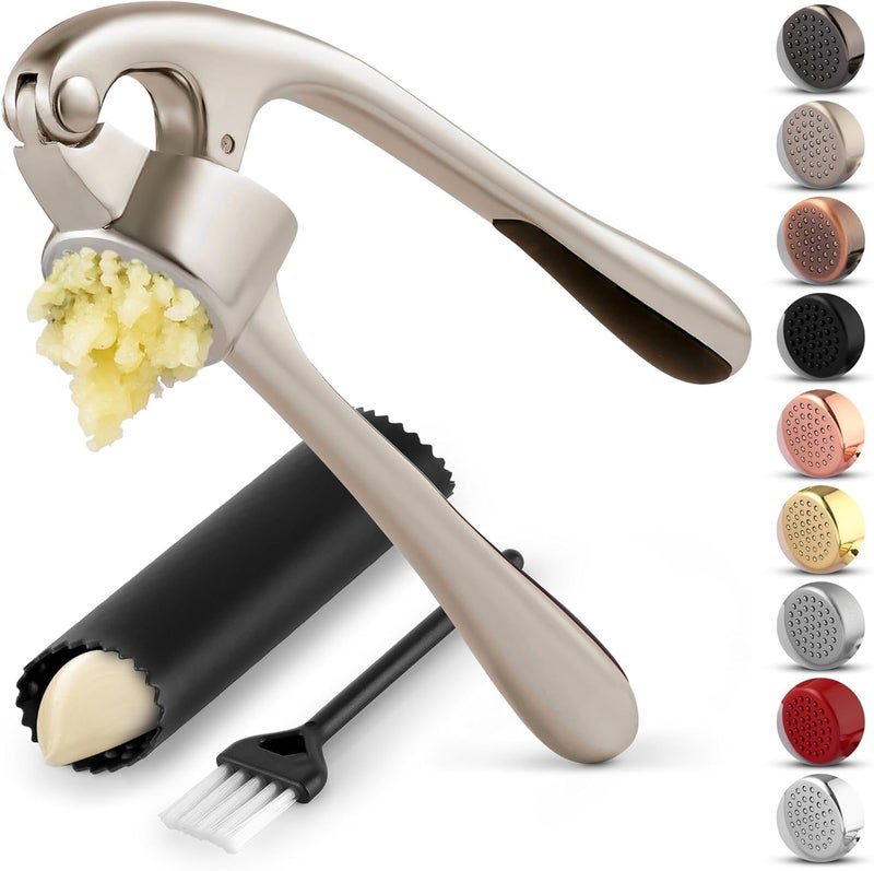 Zulay Kitchen Premium Garlic Press Set - Rust Proof Professional Garlic Mincer Tool - Easy-Squeeze, Easy-Clean with Soft, Ergonomic Handle - Silicone Garlic Peeler & Brush (Silver) - Image 1