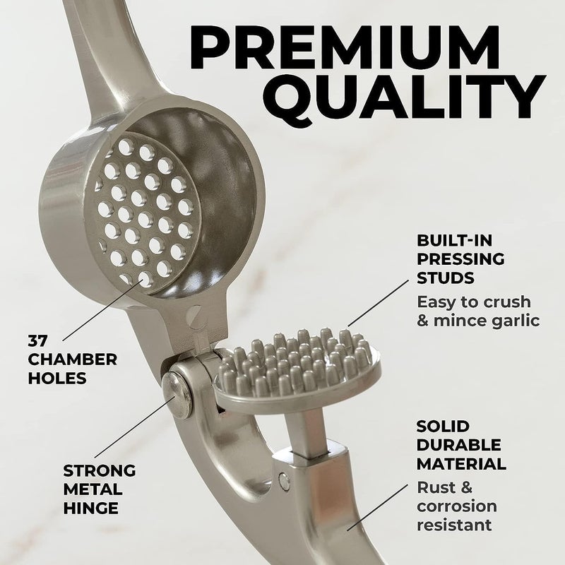 Zulay Kitchen Premium Garlic Press Set - Rust Proof Professional Garlic Mincer Tool - Easy-Squeeze, Easy-Clean with Soft, Ergonomic Handle - Silicone Garlic Peeler & Brush (Silver) - Image 5