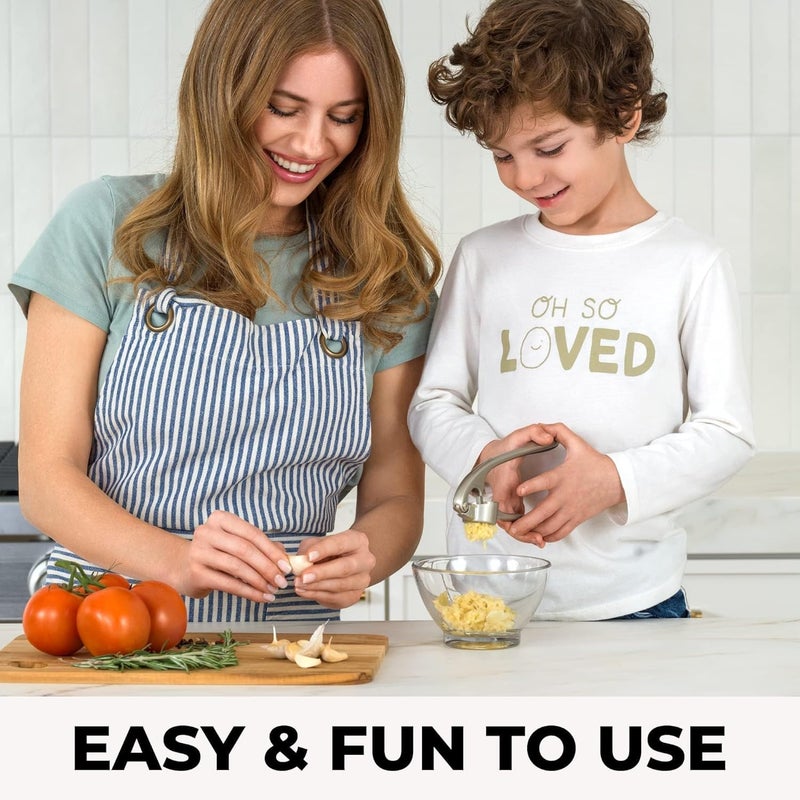 Zulay Kitchen Premium Garlic Press Set - Rust Proof Professional Garlic Mincer Tool - Easy-Squeeze, Easy-Clean with Soft, Ergonomic Handle - Silicone Garlic Peeler & Brush (Silver) - Image 2