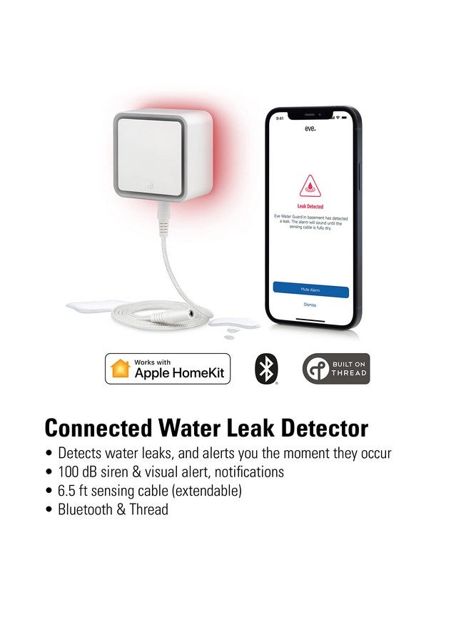 إيف جهاز كشف تسربات المياه الذكي Eve Water Guard - كابل استشعار بطول 6.5 قدم، صفارة إنذار بقوة 100 ديسيبل (Apple HomeKit)، إشعارات التطبيقات، بلوتوث، مؤشر ترابط - Image 1