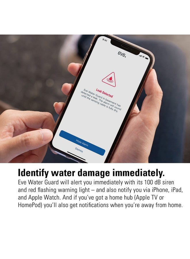 إيف جهاز كشف تسربات المياه الذكي Eve Water Guard - كابل استشعار بطول 6.5 قدم، صفارة إنذار بقوة 100 ديسيبل (Apple HomeKit)، إشعارات التطبيقات، بلوتوث، مؤشر ترابط - Image 4