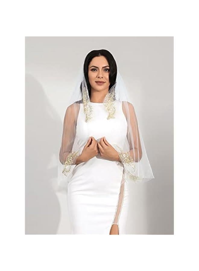 1 Tier Lace Fingertip Bride Wedding Veil White Short Bridal Veil Bachelorette Veils with Comb for Brides and Women - Image 3