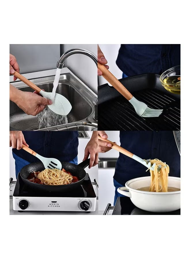 JAJEEK 11-Piece Wooden Handle Bucket Cookware Spoon Set  Mint Green, Stylish & Durable Kitchen Utensils for Cooking, Stirring, Serving, and More, Ergonomic Design, Heat-Resistant  - Image 4