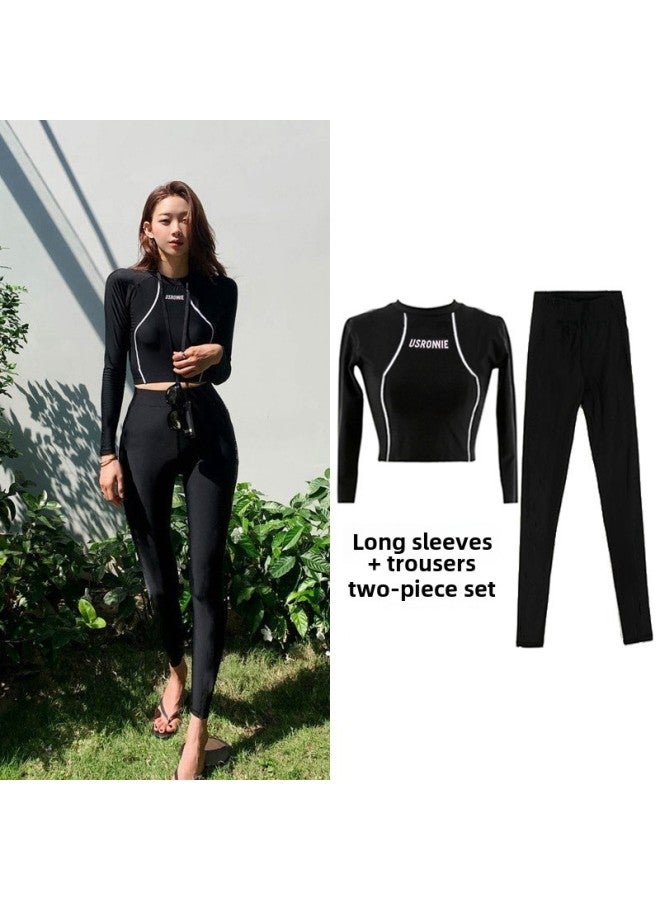 Generic Long-sleeved Surfing Suit Internet-famous Swimsuit Three-piece Sunscreen Hot Summer Split Conservative Slim Women's Clothing-Color:005#Top + Trousers-Size:XXL  - Image 1