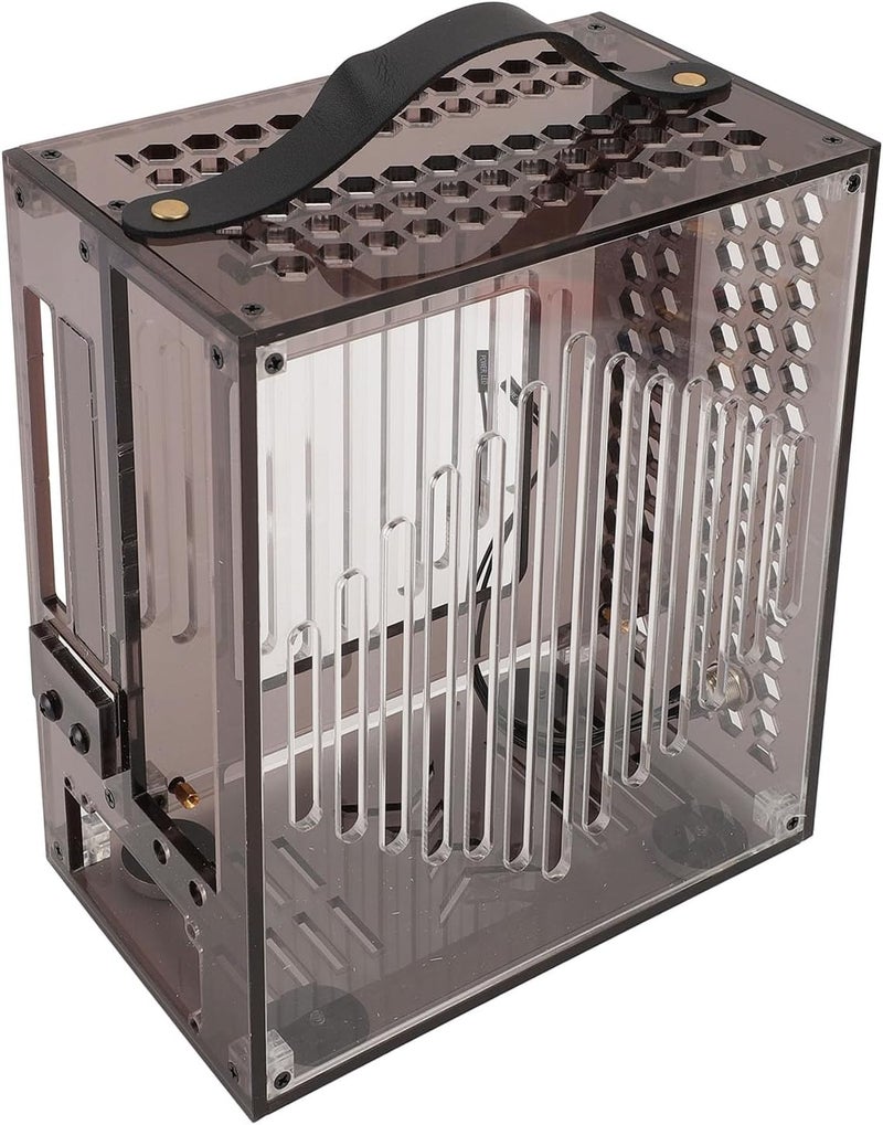 حاسوب أسود شفاف صغير من نوع ITX مزود بمقبض للوحة أم بطول 170 مم و2 من أقراص SSD مقاس 5 بوصة - Image 1
