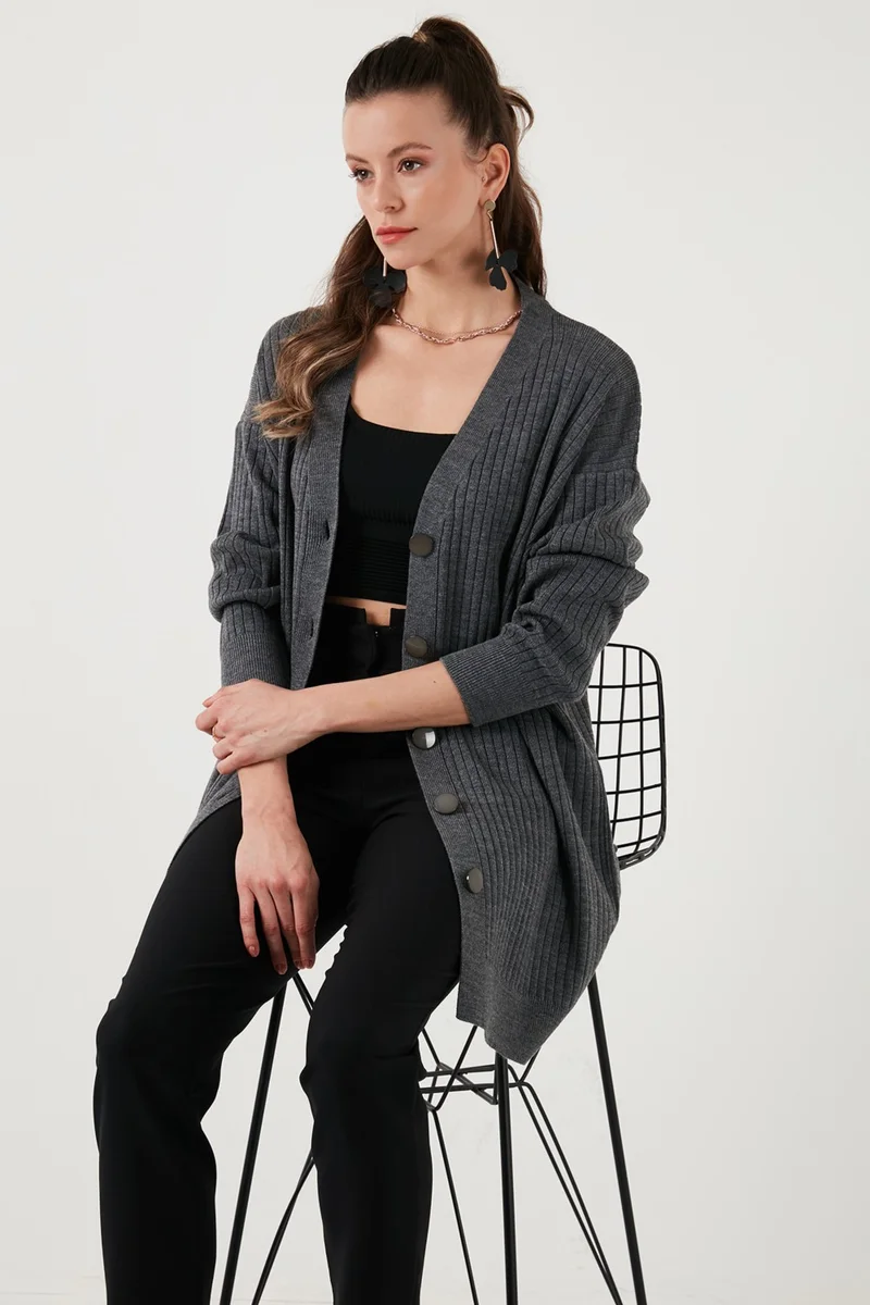 Lela V Neck Buttoned Long Knitted Cardigan Women's Cardigan 4616040Y