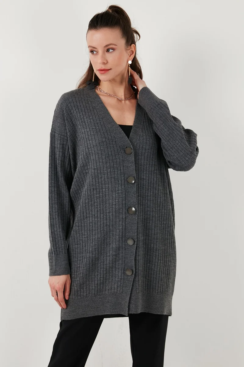 Lela V Neck Buttoned Long Knitted Cardigan Women's Cardigan 4616040Y