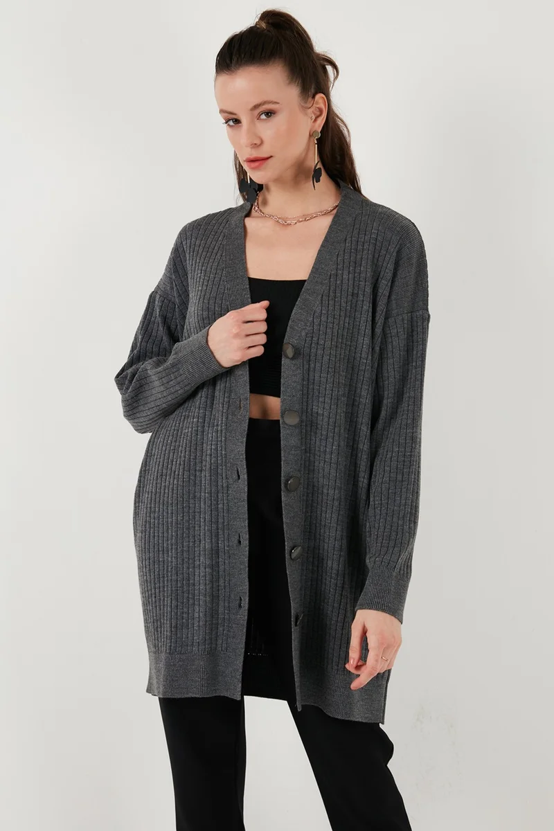 Lela V Neck Buttoned Long Knitted Cardigan Women's Cardigan 4616040Y