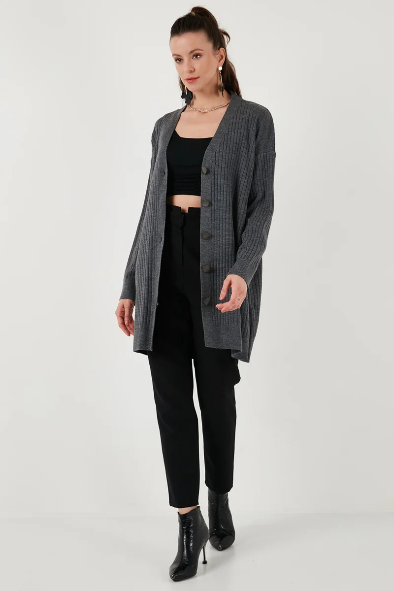 Lela V Neck Buttoned Long Knitted Cardigan Women's Cardigan 4616040Y